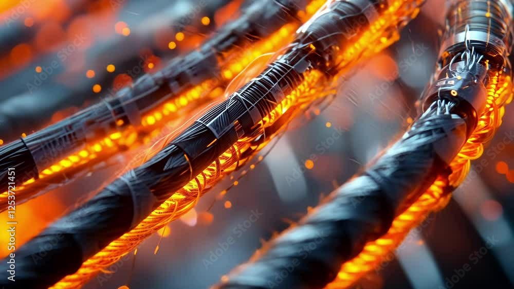 Poster futuristic cables are transferring orange energy and data through a complex network, creating a powe