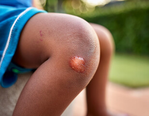 Detailed view of a healing scrape on a child's knee, captured outdoors after playtime.