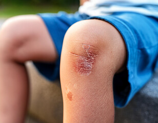Detailed view of a healing scrape on a child's knee, captured outdoors after playtime.