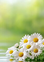 Fototapeta premium Close-up of a bouquet of white daisies reflected in water against a blurred green background.