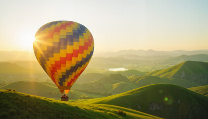Fototapeta premium Colorful hot air balloon floating in morning sky over green hills, peaceful travel