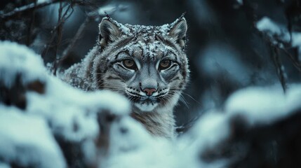 Obraz premium Majestic Lynx Surrounded by Snowy Wilderness, Capturing the Essence of Nature's Untamed Beauty and Serenity in a Winter Landscape