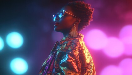 Elegant woman with sunglasses poses in colorful neon lighting