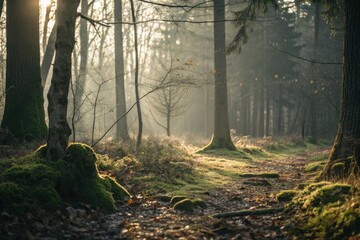 Obraz premium Warm gentle glow on a quiet forest floor, moss-covered ground, soft focus effect, blurred edges, natural light, woodsy landscape