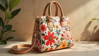 Stylish floral handbag under soft golden light, feminine elegance