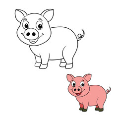 Cute pig coloring page featuring a cheerful pig with a round body, curly tail, and big snout, standing on grass with a bright sky background. Perfect for kids to color!