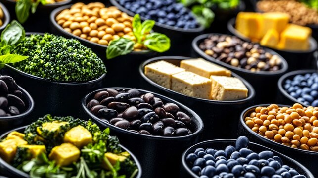 Close-up of diverse plant-based protein sources on display.