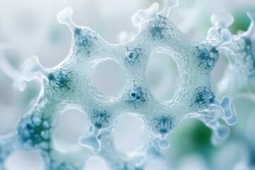Microscopic view of a complex interconnected network, resembling a neural network or intricate molecular structure.