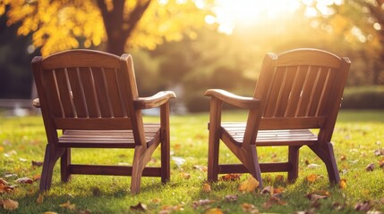 Fototapeta premium Cozy Wooden Chairs in Serene Outdoor Setting with Autumn Leaves