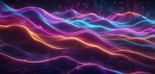 Obraz premium Vibrant abstract colorful waves on a cosmic background with neon lights and futuristic elements, electronic, glowing, futuristic