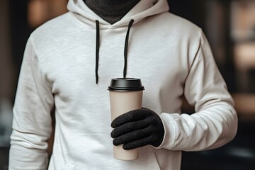 Fototapeta premium Winter Morning Coffee: A close-up shot of a hand wearing black gloves holding a disposable coffee cup, creating a cozy and atmospheric visual for chilly weather.