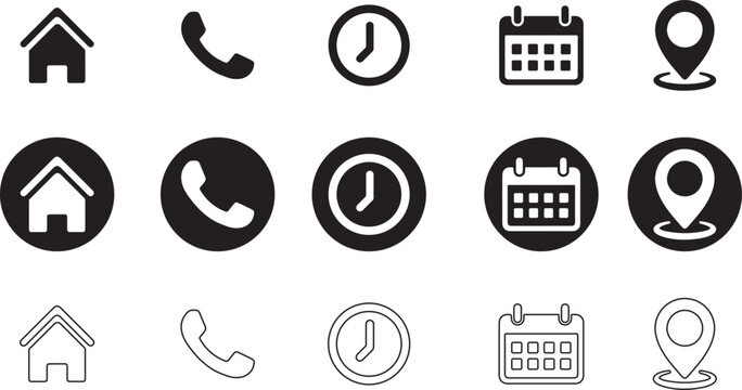 Time, date, home, contract and address icon in vector style. 