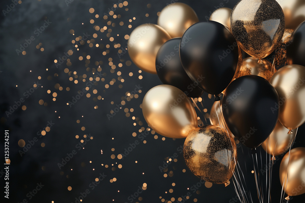 Poster bunch of black and gold balloons are floating in the air. the balloons are arranged in a way that th