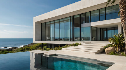 Obraz premium Modern Minimalist Oceanfront Villa with Infinity Pool and Scenic Views