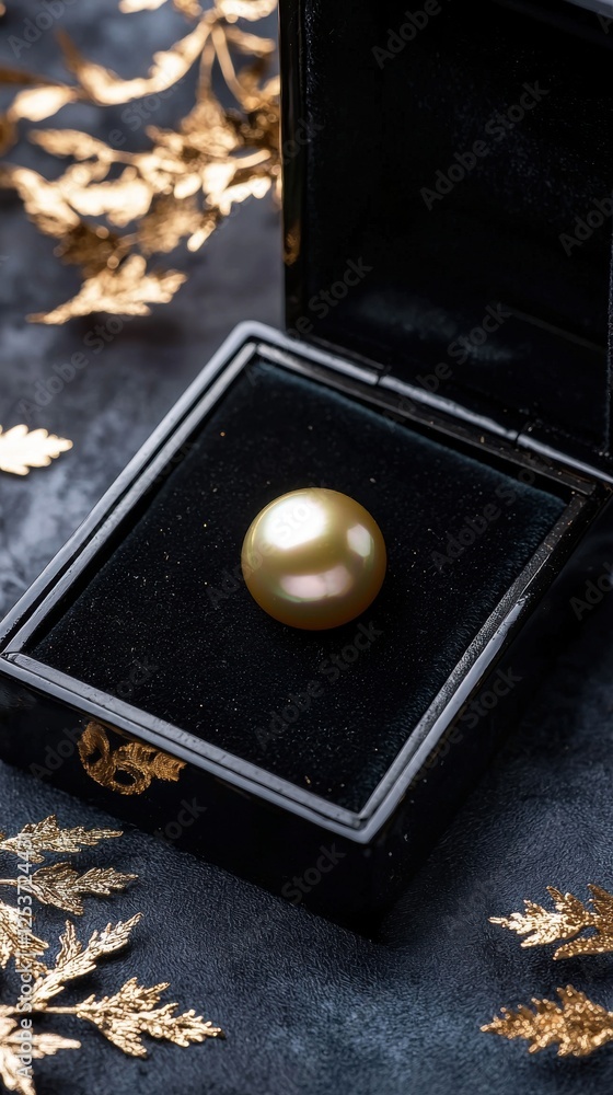 Poster showcasing a golden pearl in a luxurious box elegant display close-up opulent setting