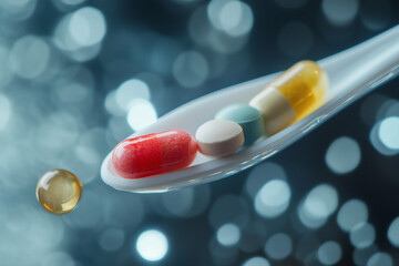  spoonful of pills with a yellow pill in the middle. The pill is surrounded by other pills of different colors