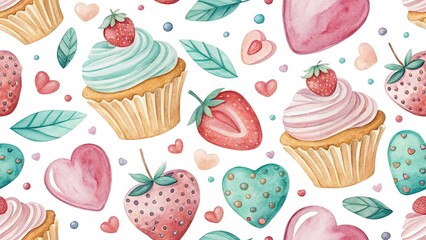 Pastel Watercolor Heart Sweet Treats Seamless Pattern - Bakery Background, Food Photography, Dessert Wallpaper