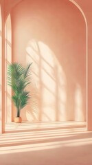 Sunlit indoor space with palm plant minimalist design modern architecture soft shadows