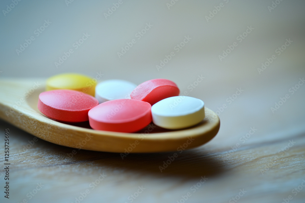 Poster spoonful of pills is shown on a wooden table. the pills are of different colors and sizes, and they 