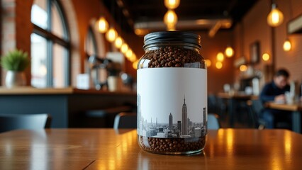 Jar Label Mockup, Urban cafГ© coffee jar with urban motif label industrial setting.