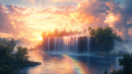 Majestic waterfall cascading into a tranquil river during a vibrant sunset