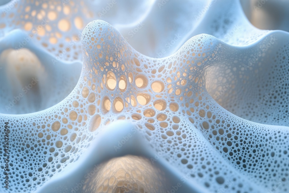 Wall mural abstract 3d rendering of a porous, undulating surface with interconnected cavities and illuminated i