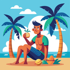 a man is enjoying the summer under the palm tree with a coconut