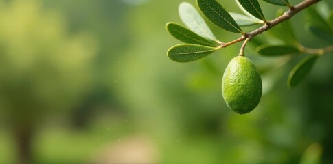 Olive tree with lush green leaves and a few olives hanging from its tip, garden, nature, farm