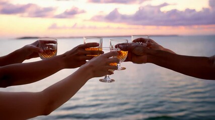 Golden hour illuminates crystal glasses filled with amber liquid, held by friends enjoying a celebratory toast against a backdrop of tranquil ocean waves and a vibrant sunset