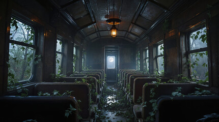 a mysterious fantastic abandoned train car. haunting yet poetic, cinematic and deeply atmospheric