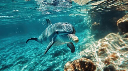 Obraz premium Majestic Dolphin Swimming Gracefully in Crystal Clear Ocean Water Surrounded by Vibrant Coral and Rocks Under Natural Light