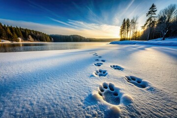 Wolf's paws and footprints in the snow with a frozen lake or river in the background, natural environment, animal footprint, frozen lake, wolf paw prints, snowy terrain