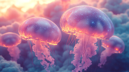 Obraz premium Colorful jellyfish swimming in vibrant underwater environment during twilight