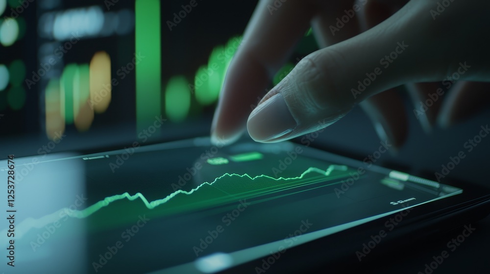 Poster closeup, human finger navigating a tablet screen exploring mobile connectivity and user interface in