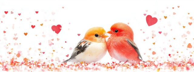 Fototapeta premium Two colorful birds perched together surrounded by a flurry of red and pink hearts, evoking a sense of love and companionship.