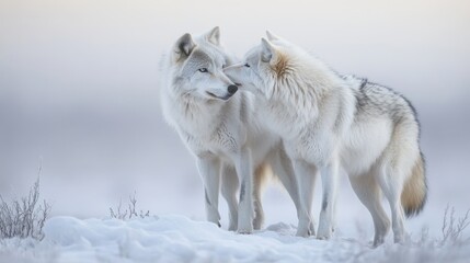 Fototapeta premium A Pair of Beautiful Arctic Wolves Bonding in a Snowy Landscape During Early Morning Light