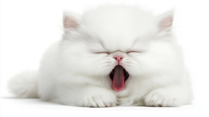 Fototapeta premium Yawning Persian Cat with Fluffy White Fur Relaxing on a Clean Background