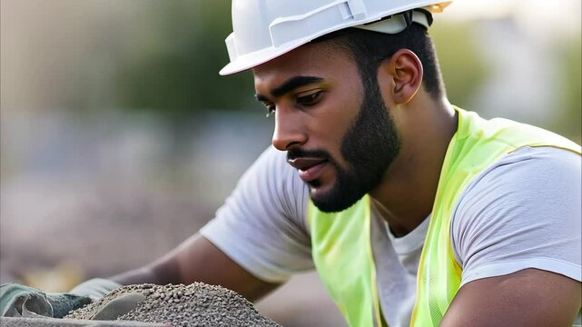 A construction worker in a hard hat and safety vest is focused on handling fine aggregate material.