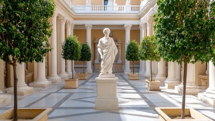 Obraz premium Classical marble statue in elegant tree-lined courtyard