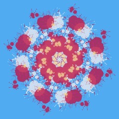 Abstract flower mandala background with white,red and blue splashes on blue background. Colorful abstract pattern, symmetrical kaleidoscope symmetrical background -illustration