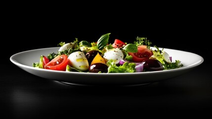 Fresh Mediterranean salad on plate, dark background, healthy food