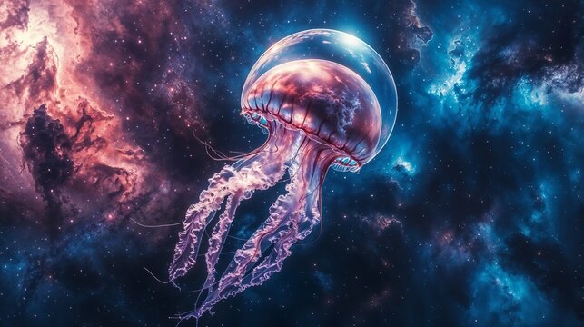 Bioluminescent Jellyfish Floating in Deep Space with a Translucent Pinkish-Violet Dome, Long Tentacles Against a Cosmic Background of Stars, Nebulae,Sci-Fi, Mystery, Fusion of Marine Life, Universe
