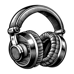 Vintage Style Headphones Illustration Black and White Detailed Drawing