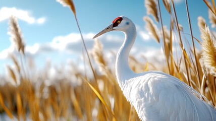 White crane is standing in field of tall golden grasses under blue sky