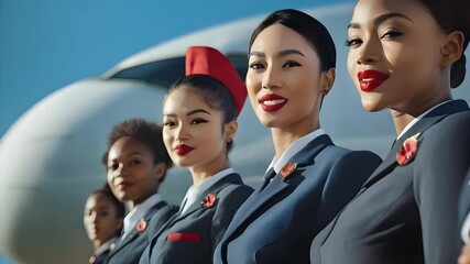 A group of five cheerful airline flight attendants of diverse backgrounds poses confidently in front of an airplane, showcasing professionalism and unity in the aviation industry