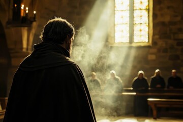 Heretic being tried in front of a medieval court.