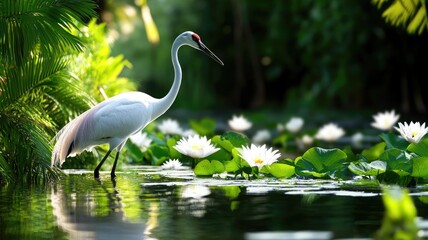 Obraz premium White crane stands in lush pond surrounded by water lilies tropical setting