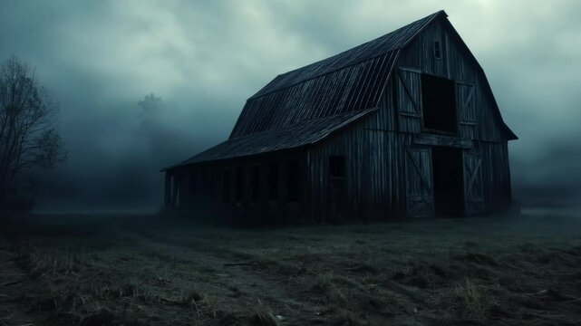 Old wooden barn in foggy field at night. Horror and mystery background