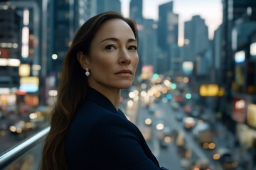 Obraz premium Confident woman cityscape background, ambition, success.