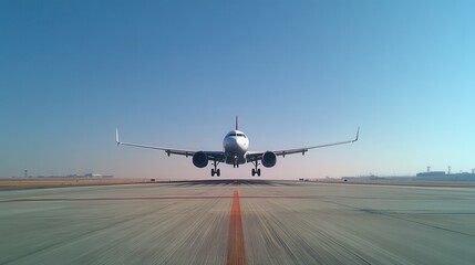 Passenger airplane taking off from the runway, bottom view, turbofan engines, dynamic perspective, clear blue sky, aviation, air travel, takeoff moment, air transport, airport.